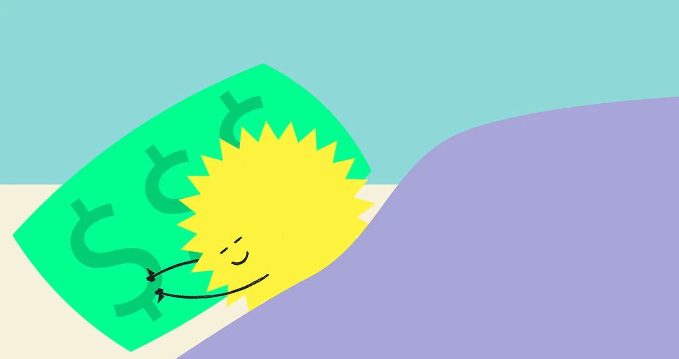 Ilustração de uma nota de dinheiro com rosto de sol sobre uma duna lilás