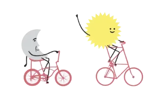 Ilustração de uma lua e um sol pedalando bicicletas rosa