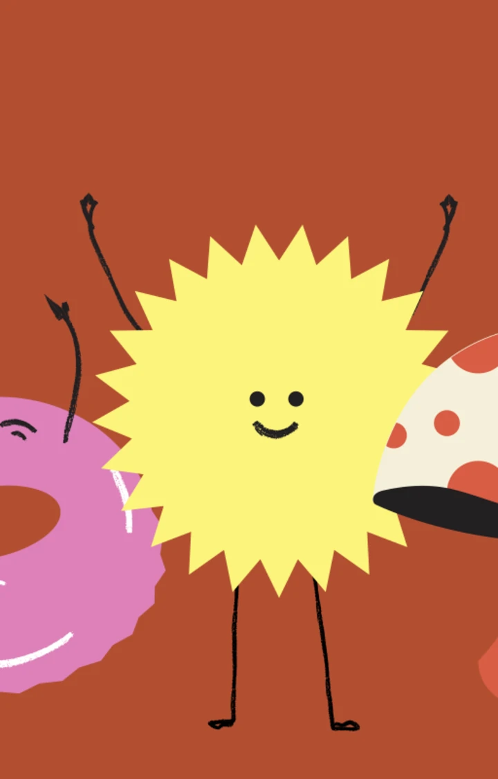 Ilustração de personagens sorridentes sobre fundo terracota: nuvem, lua, boias, sol e cogumelo