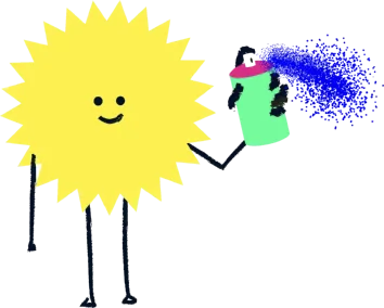 Ilustração de um sol sorridente pintando com uma lata de spray