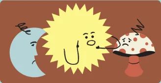 Ilustração de um sol, uma lua e um cogumelo conversando
