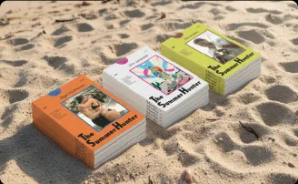 Três edições impressas da revista The Summer Hunter sobre a areia