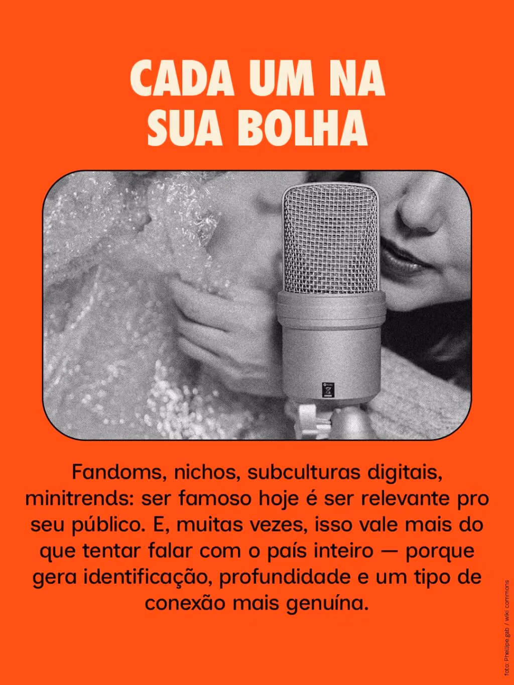 Cada um na sua bolha
Fandoms, nichos, subculturas digitais, minitrends: ser famoso hoje é ser relevante pro seu público. E, muitas vezes, isso vale mais do que tentar falar com o país inteiro — porque gera identificação, profundidade e um tipo de conexão mais genuína.