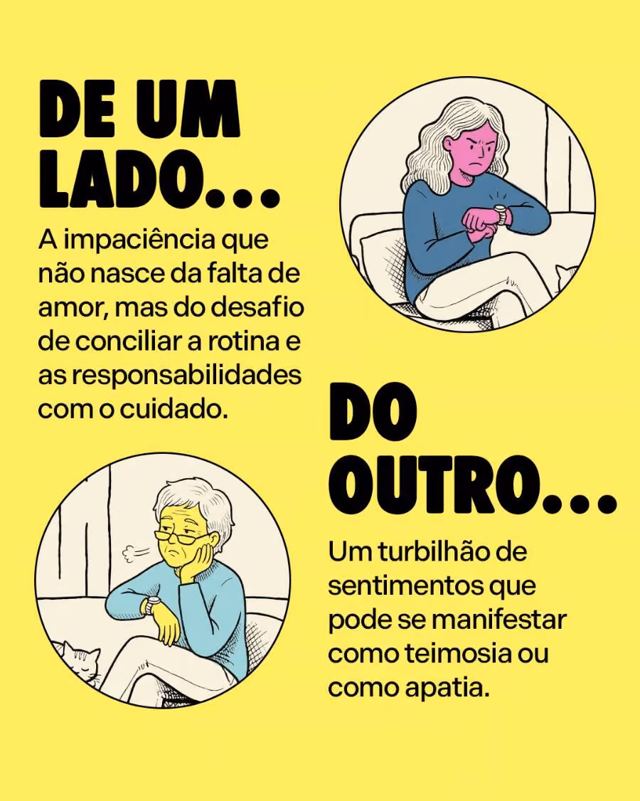 De um lado…
A impaciência que não nasce da falta de amor, mas do desafio de conciliar a rotina e as responsabilidades com o cuidado.
Do outro…
Um turbilhão de sentimentos que pode se manifestar como teimosia ou como apatia.
