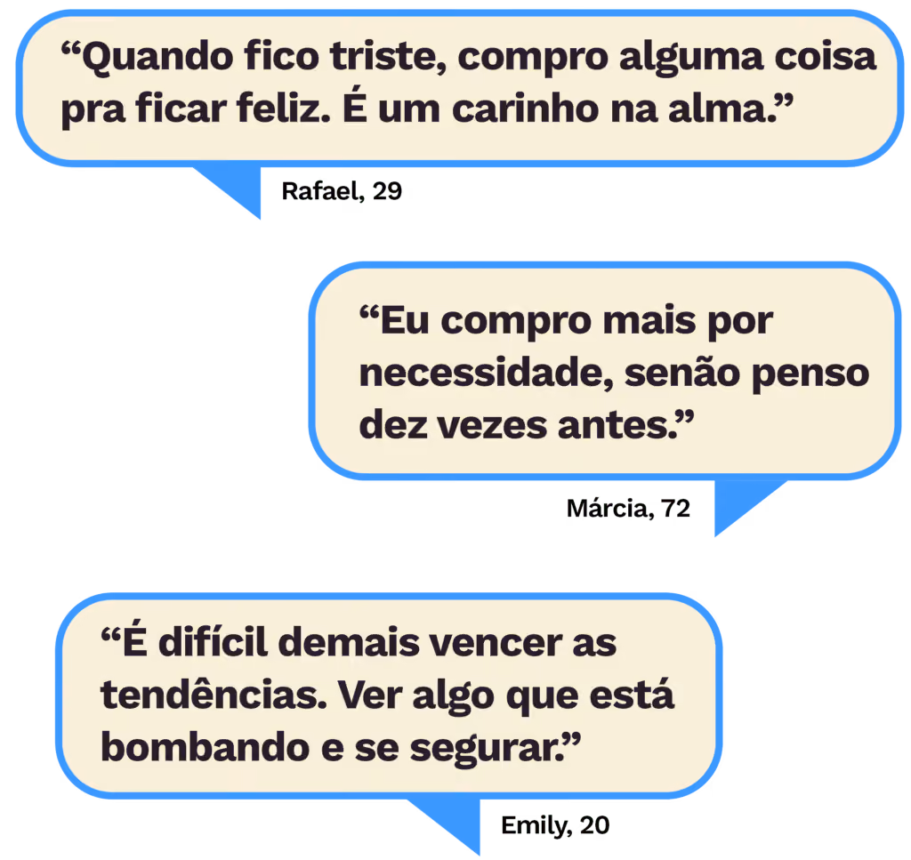 “Quando fico triste, compro alguma coisa pra ficar feliz. É um carinho na alma.”
Rafael, 29
“Eu compro mais por necessidade, senão penso dez vezes antes.”
Márcia, 72
“É difícil demais vencer as tendências. Ver algo que está bombando e se segurar.”
Emily, 20