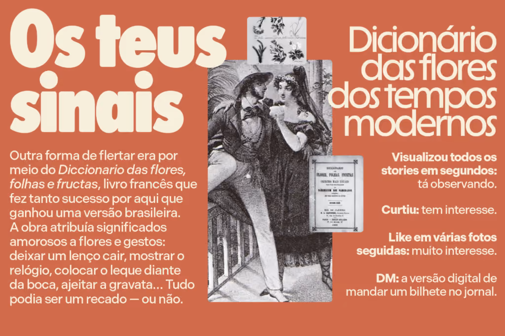 Os teus sinais
Outra forma de flertar era por meio do Diccionario das flores, folhas e fructas, livro francês que fez tanto sucesso por aqui que ganhou uma versão brasileira. A obra atribuía significados amorosos a flores e gestos: deixar um lenço cair, mostrar o relógio, colocar o leque diante da boca, ajeitar a gravata… Tudo podia ser um recado — ou não.

Dicionário das flores dos tempos modernos
Visualizou todos os stories em segundos: tá observando.
Curtiu: tem interesse.
Like em várias fotos seguidas: muito interesse.
DM: a versão digital de mandar um bilhete no jornal.