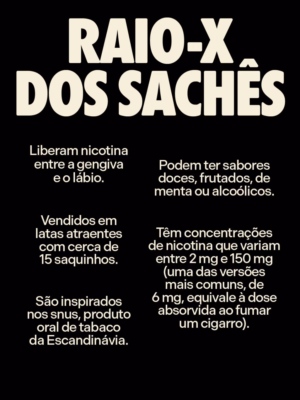 Raio-x dos sachês
. Liberam nicotina entre a gengiva e o lábio.
. Podem ter sabores doces, frutados, de menta ou alcoólicos.
. Vendidos em latas atraentes com cerca de 15 saquinhos.
. Têm concentrações de nicotina que variam entre 2 mg e 150 mg (uma das versões mais comuns, de 6 mg, equivale à dose absorvida ao fumar um cigarro)
. São inspirados nos snus, produto oral de tabaco da Escandinávia.