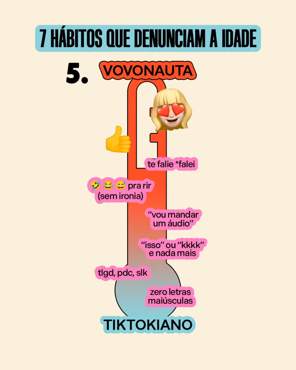 #5

VOVONAUTA
- Aquelas figurinhas personalizadas com a sua cara
- Emoji de joinha
- OK ou bj
- te falie *falei
- 🤣 😂 😅 pra rir (sem ironia)
- “vou mandar um áudio”
- “isso” ou “kkkk” e nada mais
- tlgd, pdc, slk 
- zero letras maiúsculas
TIKTOKIANO

