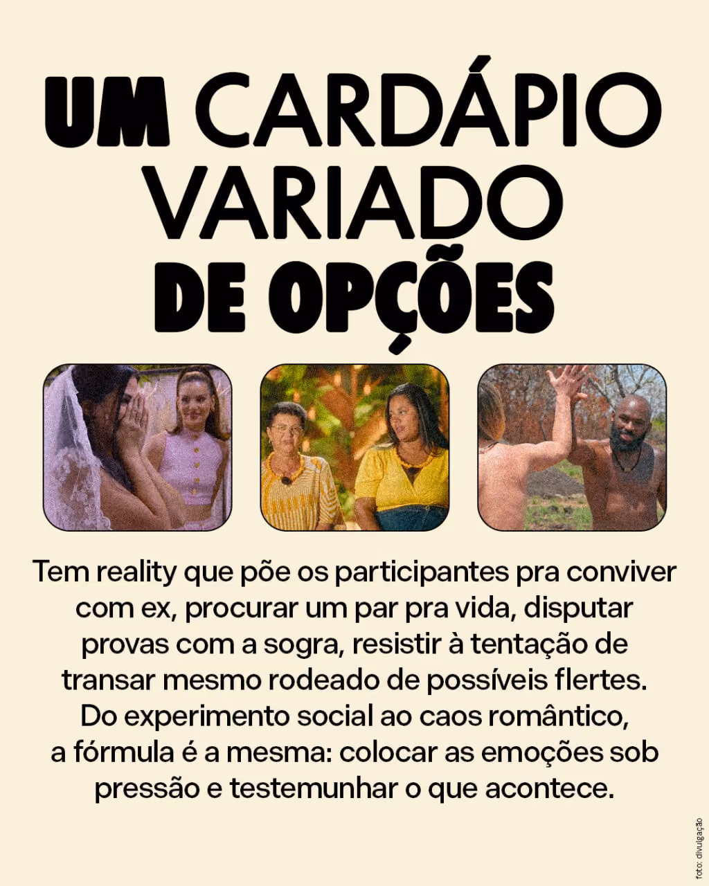 Um cardápio variado de opções
Tem reality que põe os participantes pra conviver com ex, procurar um par pra vida, disputar provas com a sogra, resistir à tentação de transar mesmo rodeado de possíveis flertes. Do experimento social ao caos romântico, a fórmula é a mesma: colocar as emoções sob pressão e testemunhar o que acontece. 

