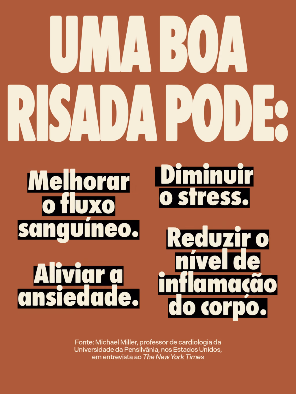 Uma boa risada pode:
. Diminuir o stress.
. Aliviar a ansiedade.
. Reduzir o nível de inflamação do corpo.
. Melhorar o fluxo sanguíneo.
Fonte: Michael Miller, professor de cardiologia da Universidade da Pensilvânia, nos Estados Unidos, em entrevista ao The New York Times