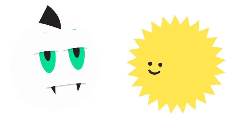 ilustração de uma lua vampiresca, com os olhos semicerrados, ao lado de um solzinho feliz. Usado para ilustrar "acordar cedo é para todos?"
