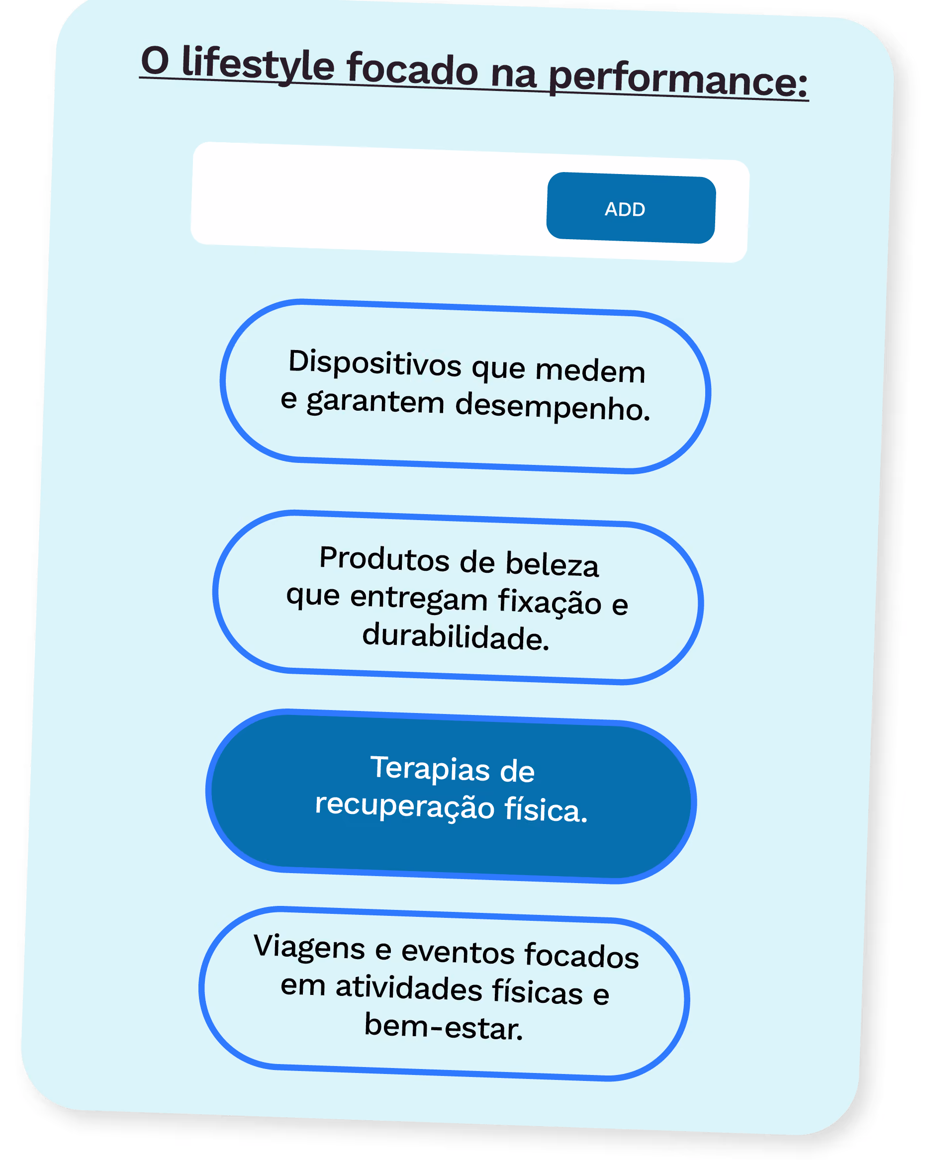 O lifestyle focado na performance:
· Dispositivos que medem e garantem desempenho.
· Terapias de recuperação física.
· Produtos de beleza que entregam fixação e durabilidade.
· Viagens e eventos focados em atividades físicas e bem-estar.