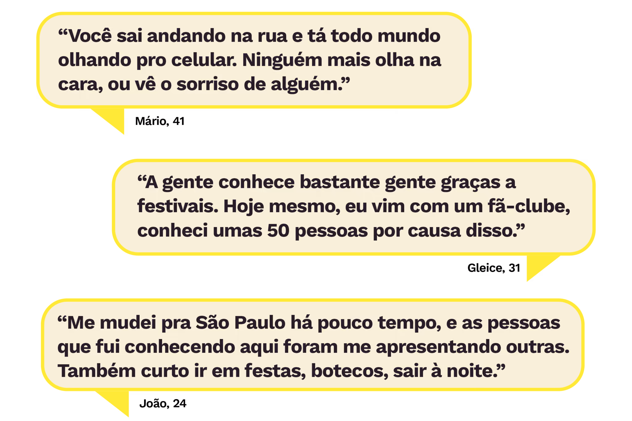 “Você sai andando na rua e tá todo mundo olhando pro celular. Ninguém mais olha na cara, ou vê o sorriso de alguém.”
Mário, 41 

“A gente conhece bastante gente graças a festivais. Hoje mesmo, eu vim com um fã-clube, conheci umas 50 pessoas por causa disso.”
Gleice, 31

“Me mudei pra São Paulo há pouco tempo, e as pessoas que fui conhecendo aqui foram me apresentando outras. Também curto ir em festas, botecos, sair à noite.”
João, 24