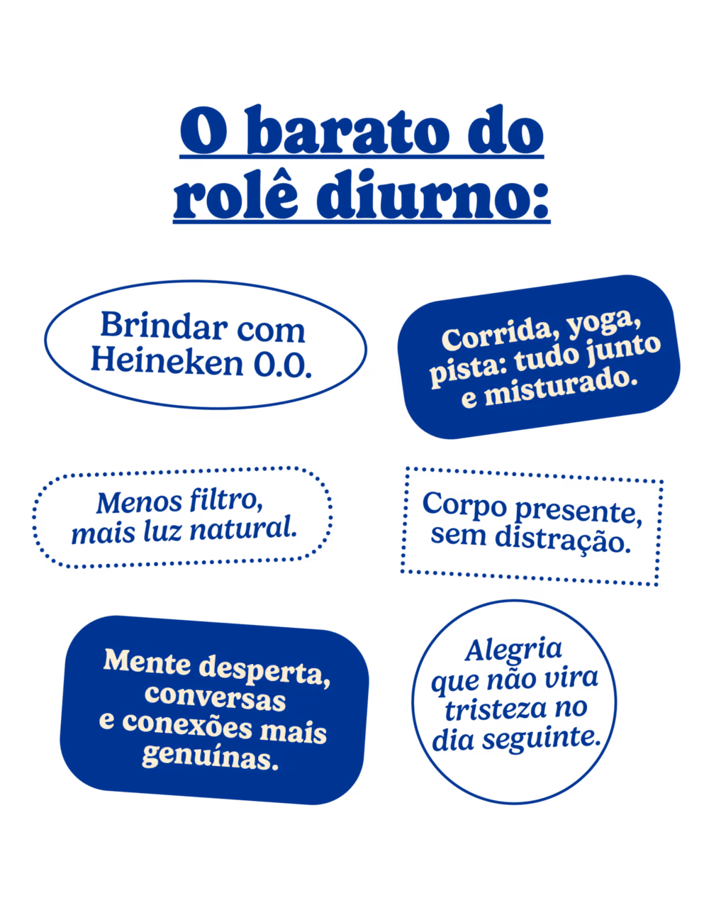 O barato do rolê diurno:
· Brindar com Heineken 0.0.
· Corrida, yoga, pista: tudo junto e misturado.
· Menos filtro, mais luz natural.
· Corpo presente, sem distração.
· Mente desperta, conversas e conexões mais genuínas.
· Alegria que não vira tristeza no dia seguinte.