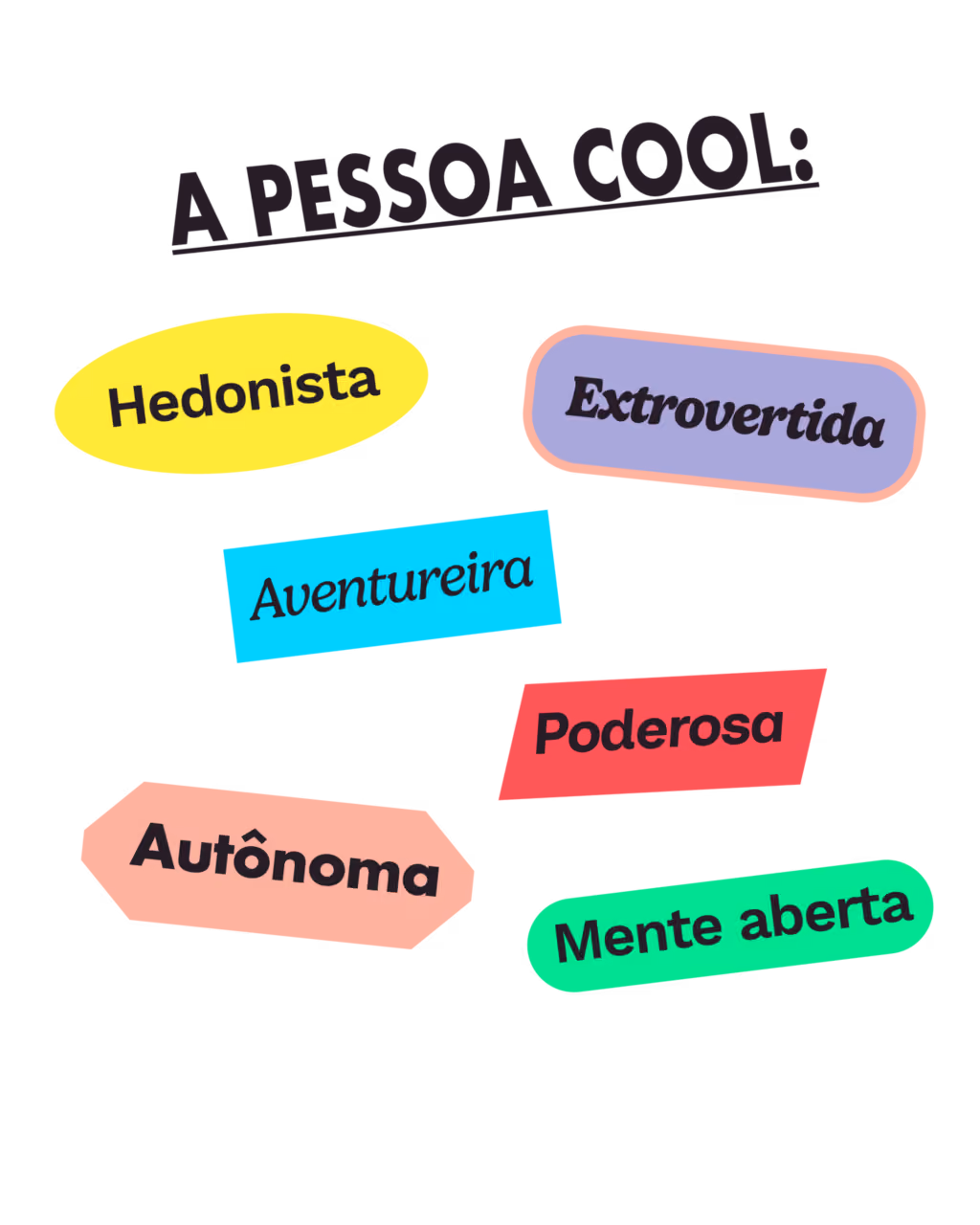 A pessoa cool:
Extrovertida
Hedonista
Poderosa
Aventureira
Mente aberta
Autônoma