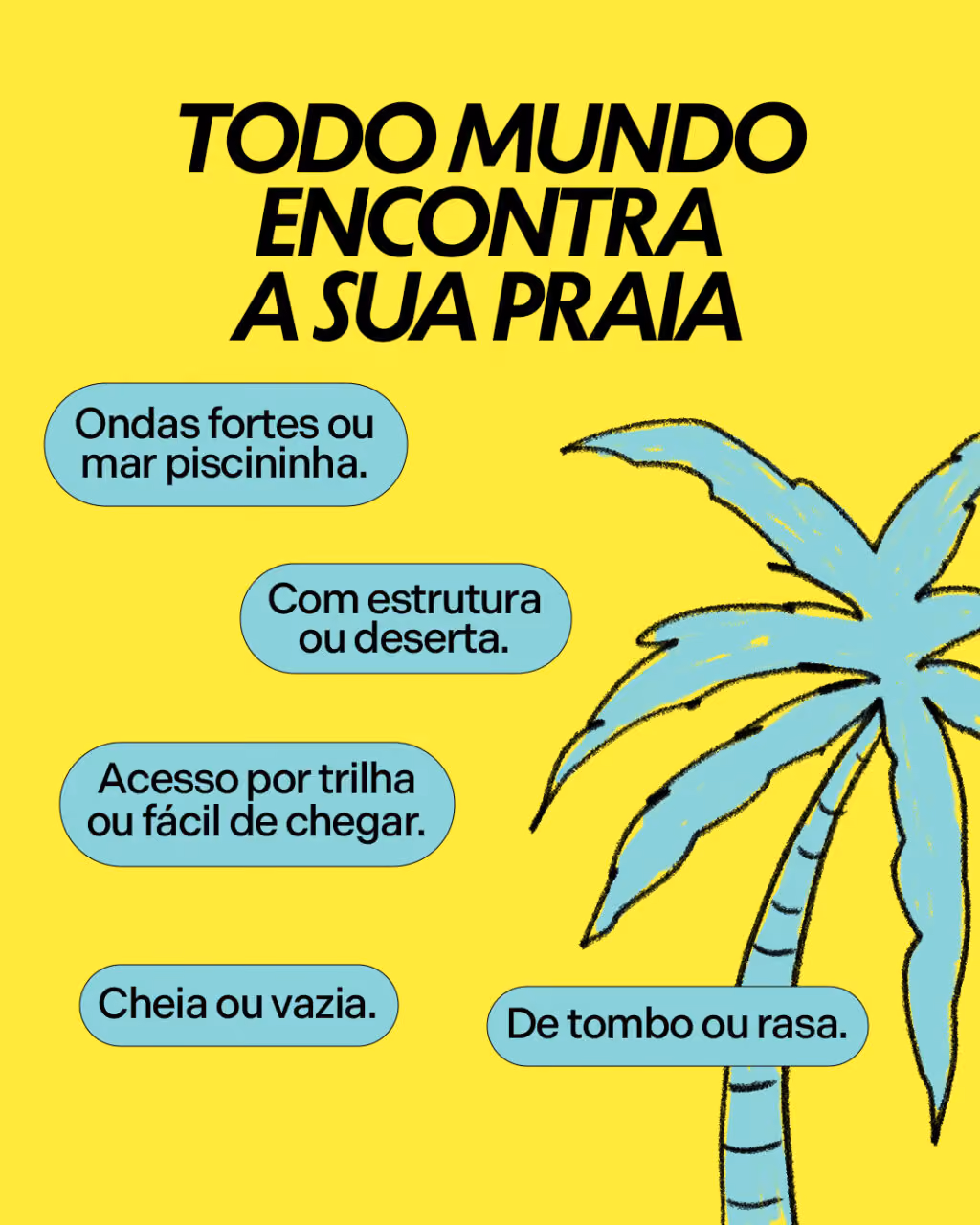 Todo mundo encontra sua praia
Cheia ou vazia.
Com estrutura ou deserta.
Ondas fortes ou mar piscininha.
Acesso por trilha ou fácil de chegar.
De tombo ou rasa.