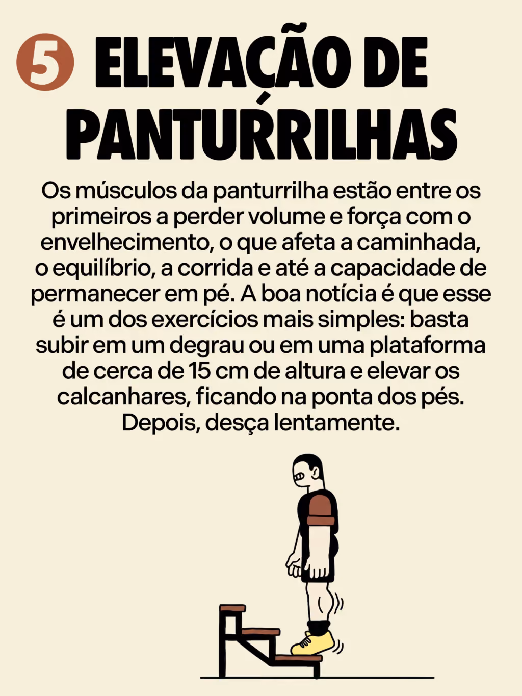 Elevação de panturrilhas 
Os músculos da panturrilha estão entre os primeiros a perder volume e força com o envelhecimento, o que afeta a caminhada, o equilíbrio, a corrida e até a capacidade de permanecer em pé. A boa notícia é que esse é um dos exercícios mais simples: basta subir em um degrau ou em uma plataforma de cerca de 15 cm de altura e elevar os calcanhares, ficando na ponta dos pés. Depois, desça lentamente.
