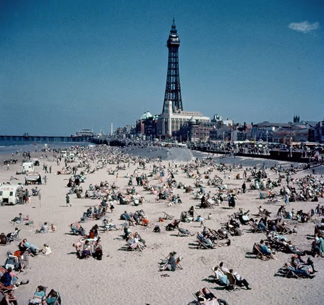 The beach at Blackpool, with the tower in the background. Original Publication: Picture Post - 7227 - Blackpool - pub. 1954 (Photo by John Chillingworth/Getty Images)